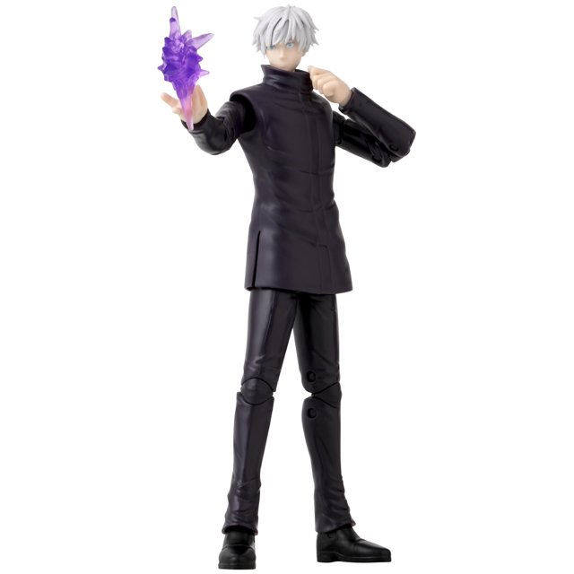figura de acción ANIME HEROES Jujutsu Kaisen Gojo Satoru Purple, vista frontal 3/4 de figura articulada con abrigo y pantalones negros, cabello blanco corto y mano extendida con efecto morado translúcido de Hollow Purple; fondo blanco de estudio; más de 20 puntos de articulación y manos intercambiables, ideal para coleccionar en vitrinas.