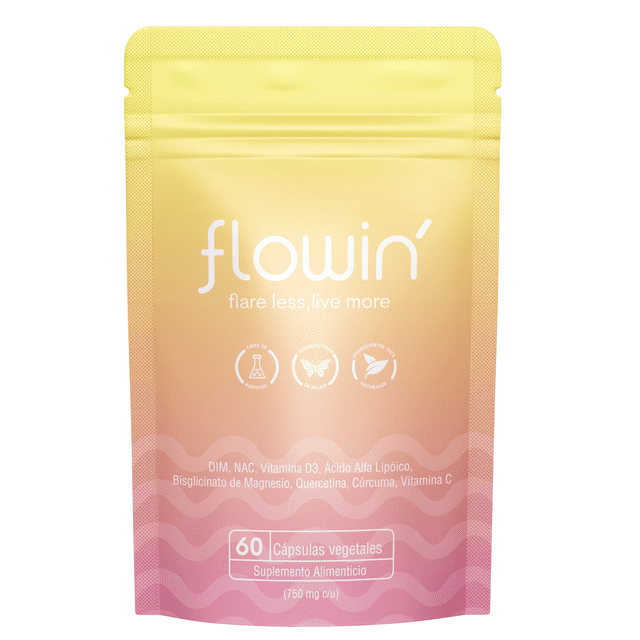 suplemento alimenticio flowin' by kind origins endo-supplement nac, dim, bisglicinato de magnesio, quercetina, cúrcuma, aal, vit. c y d 60 cápsulas, bolsa de pie frontal con degradado amarillo a rosa y logotipo blanco "flowin'", texto frontal que muestra ingredientes clave y recuadro que indica 60 cápsulas vegetales (750 mg c/u). Acompaña búsquedas en vitaminas y suplementos con ingredientes asociados al apoyo hormonal y antioxidante; formato práctico y resellable ideal para llevar en viajes.