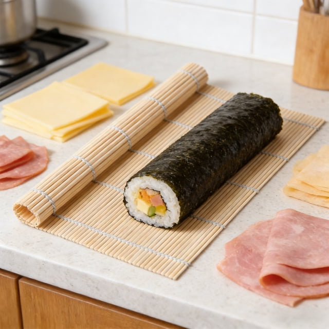 sushi rolling mat bamboo makisu roller for nori rice and seaweed sheets,japanese kitchen tools for sushi making,reusable flexible sushi maker kit with plastic form,easy to clean cooking accessories esterilla de bambú 24x24 cm vista cenital con un maki de nori enrollado; tejido de caña natural pulido con cordones blancos y borde reforzado, rodillo parcialmente enrollado y láminas de relleno en la encimera; suitable para enrollar nori, arroz y rollos de vegetales, fácil de limpiar.