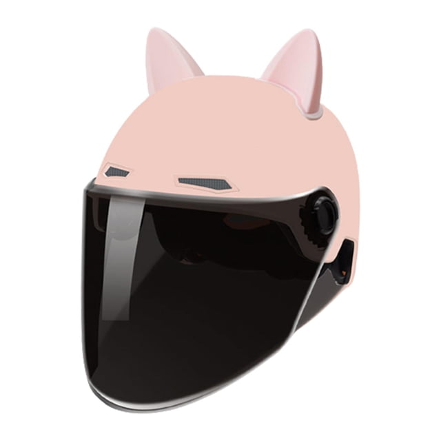 casco de motocicleta cola con visera protección solar de verano rosa casco adulto 3/4 frontal con orejas decorativas; visera oscura ajustable que cubre el rostro, dos rejillas de ventilación frontales, perilla lateral para ajuste, acabado liso rosa y borde con acolchado visible. Circunferencia ajustable 55–60 cm, forro interior extraíble y ventilación diseñada para verano; también adecuado para paseo urbano en bicicleta.