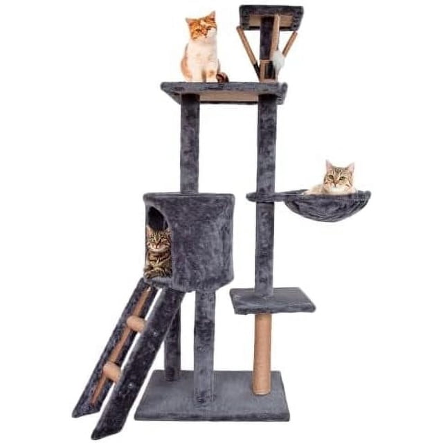 torre para gatos bluelander gris torre alta de juego y descanso para gatos con base cuadrada, poste rascador en sisal, cueva acolchada con entrada frontal, plataforma superior, hamaca colgante y escalera inclinada; acabado gris, marca BLUELANDER. Suele usarse también como zona de observación y descanso en departamentos.