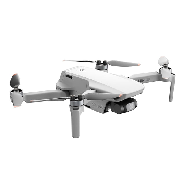 drone dji mini 4k fly more combo Gris, vista 3/4 frontal con brazos desplegados y hélices, cámara gimbal frontal marcada "Mini 4K" y cuerpo indicado "Menos de 249 g", acabado mate gris sobre fondo blanco; ideal para fotografía aérea y viajes por su tamaño compacto.