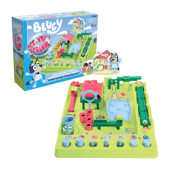 TOMY Bluey Screwball Scramble Marble Maze - Beat The Clock Marble Run - Juegos para niños de ritmo rápido y juguetes Bluey para fiestas de cumpleaños - 1-4 jugadores - Edades de 5 años en adelante