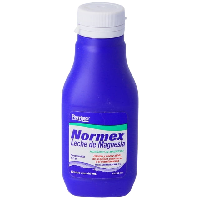 normex leche de magnesia suspensión 8.5 g frasco con 60 ml botella azul de 60 ml, vista frontal con tapa blanca a prueba de niños y etiqueta frontal que indica Normex Leche de Magnesia y hidróxido de magnesio 8.5 g; medicamento de venta libre indicado como antiácido y laxante para acidez y estreñimiento ocasional en adolescentes y adultos, fondo blanco.