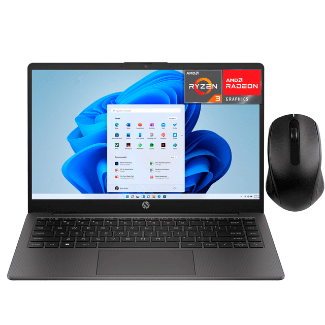 laptop hp 245 g10 amd ryzen 3 7330u 32gb 512gb ssd pantalla 14" teclado español mouse dxt trabajo profesional y productividad Frontal centrada de la HP 245 G10 negra con pantalla 14" HD antirreflejante mostrando el escritorio, teclado isla en español de tamaño completo y touchpad centrado; mouse negro incluido a la derecha. Configuración visible con Ryzen 3 7330U, 32GB RAM y SSD 512GB pensada para trabajo y estudio; adecuada también para videoconferencias y clases en línea.