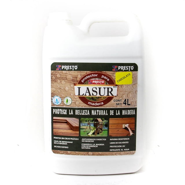 protector lasur presto p/madera chocolate (decks/madera teka) 4lt Envase blanco de 4 L con etiqueta marrón 'Lasur Presto' y etiqueta amarilla 'Chocolate', muestra gotas de agua e iconos; frontal incluye fotos de aplicación con brocha en decks, vigas y muebles de madera y destaca protección UV, contra hongos y insectos xilófagos.