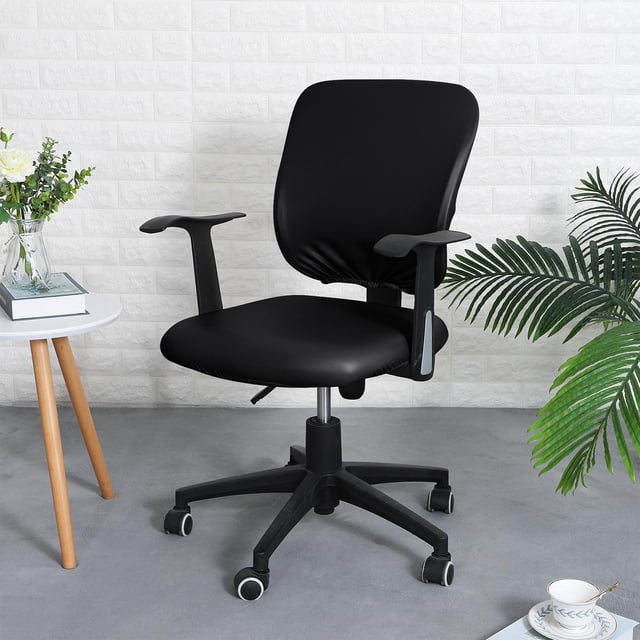 funda de oficina funda lón estirable extraíble para office hotel negro yotijar funda de asiento elástica funda para silla de oficina negra, vista frontal centrada con asiento y respaldo cubiertos por tejido elástico tipo lón; ajuste universal para asientos 38–52 cm y respaldos 36–52 cm, borde elástico visible que sujeta la funda, superficie lisa tipo cuero PU resistente al agua y fácil de limpiar, usada a menudo como protector antipolvo en oficinas o salas de trabajo.