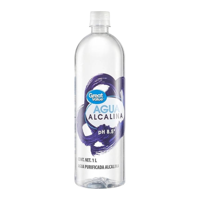 agua alcalina great value de 1 l botella frontal transparente de 1 litro con etiqueta blanca y azul que indica pH 8.5 y marca Great Value, envase libre de BPA y 100% reciclable, elaborada por ósmosis inversa e ionización para hidratación alcalina diaria; también suele usarse para llevar en salidas cortas.
