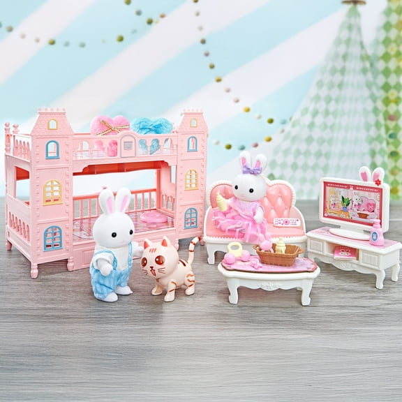 Juguete Set Casa de Muñecas Conejitos Dormitorio con Literas, Sala con Muebles, Accesorios y Figuras Incluidas