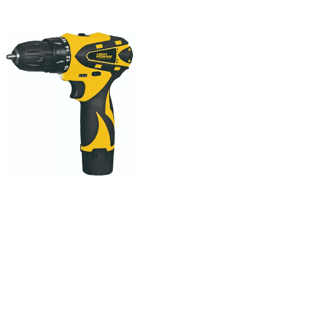 taladro inalambrico 3/8 1300 rpm 12v 1300 rpm uso domestico color amarillo High Power TI-1210HP, vista 3/4 frontal del atornillador amarillo y negro con broquero 3/8", selector de velocidad 0-350/0-1300 rpm, anillo de torque y anillo de ajuste de torque visibles, indicador de carga y luz guía LED, empuñadura con textura antideslizante; a menudo usado para ensamblajes domésticos y proyectos de bricolaje; incluye maletín y 2 baterías.