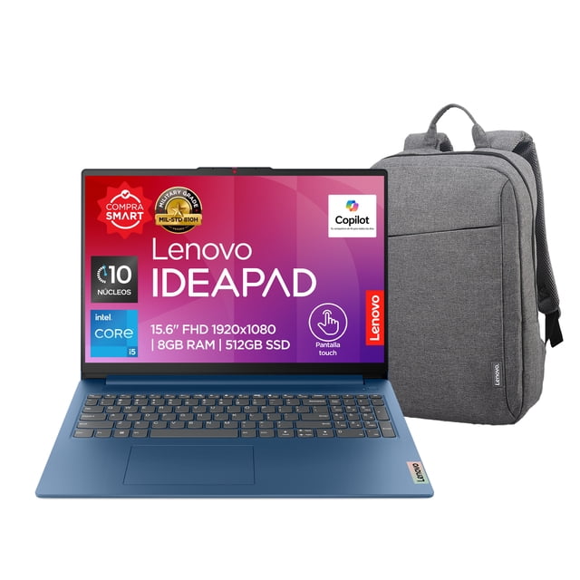 laptop lenovo ideapad slim 3 ci5 ram 8gb ssd 512gb touch azul más mochila Plano frontal centrado de la Lenovo IdeaPad Slim 3 azul con pantalla táctil FHD 15.6" 16:10 y biseles delgados, teclado completo con panel táctil grande y lector de huellas integrado; mochila gris incluida, fondo blanco.