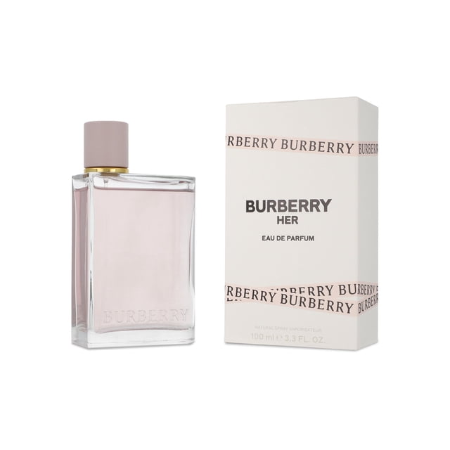 burberry her 100ml edp spray burberry m478 frasco y caja frontales: frasco rectangular de vidrio transparente con líquido rosa pálido y tapa rosa mate con anillo dorado; caja blanca con logo BURBERRY HER y franja con texto Burberry; contenido 100 ml visible.
