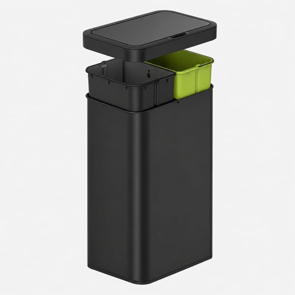 EKO Bote de Basura Inteligente Nova Mirage 30L+30L Negro. Con sensor de movimiento. Acabado de Acero Inoxidable Cepillado. Cubo de basura cocina 2 compartimientos (30L+30L) Cierre silencioso.
