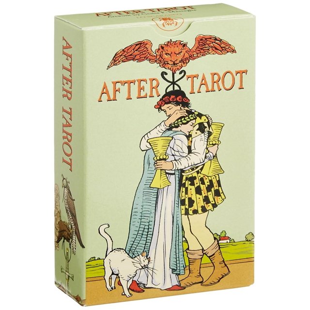 after tarot blanco Libro nuevo y sellado de Scarabero, caja vertical con ilustración a todo color tipo Rider–Waite: dos figuras abrazadas sosteniendo copas doradas y un gato blanco al frente; set de 78 cartas y folleto de instrucciones, fondo crema con título naranja.