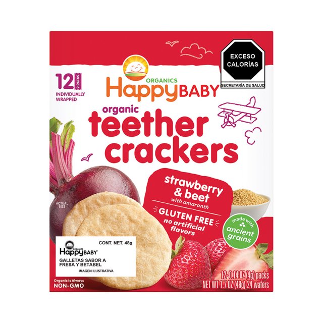 happy baby teethers galleta sabor a fresa y betabel con amaranto (6 x 12 pack) Caja frontal blanca y roja con logo Happy Family y texto grande 'teether crackers'; ilustraciones de fresas y betabel junto a dos obleas, indica 6 paquetes de 12 obleas (4g c/pack) y menciona harina de arroz jazmín y frutas y verduras orgánicas; ideal como primer snack para la etapa de dentición, y a menudo se usa para introducir texturas blandas.