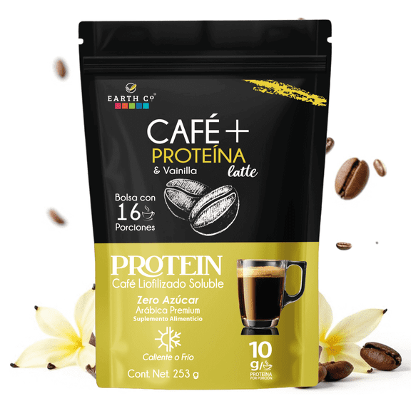 Earth Co Café + Proteína & Vainilla Latte | 10g Proteína | Sin Azúcar | Café Soluble Fitness | 16 Porciones