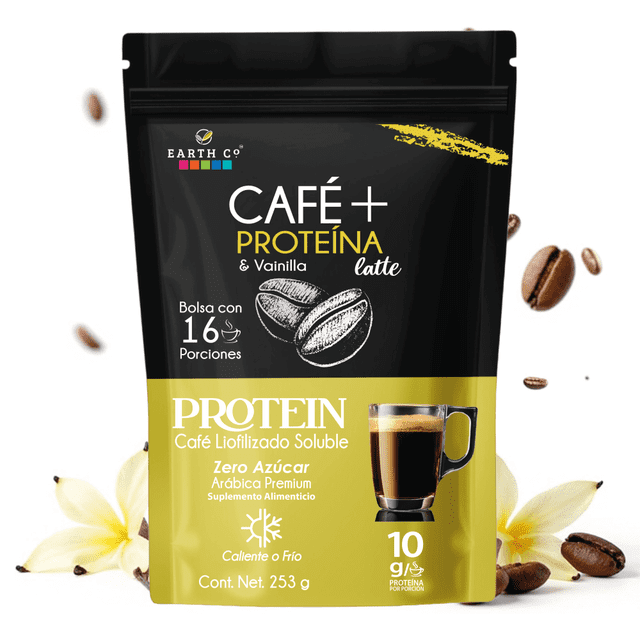 earth co café + proteína & vainilla latte | 10g proteína | sin azúcar | café soluble fitness | 16 porciones empaque frontal, vista centrada; bolsa negra y oliva con texto 'PROTEIN' y dibujo de granos y vaso de latte, indica 10 g de proteína por porción, café liofilizado soluble zero azúcar, contenido neto 253 g y símbolo de servir caliente o frío; apto como bebida rápida o snack funcional.