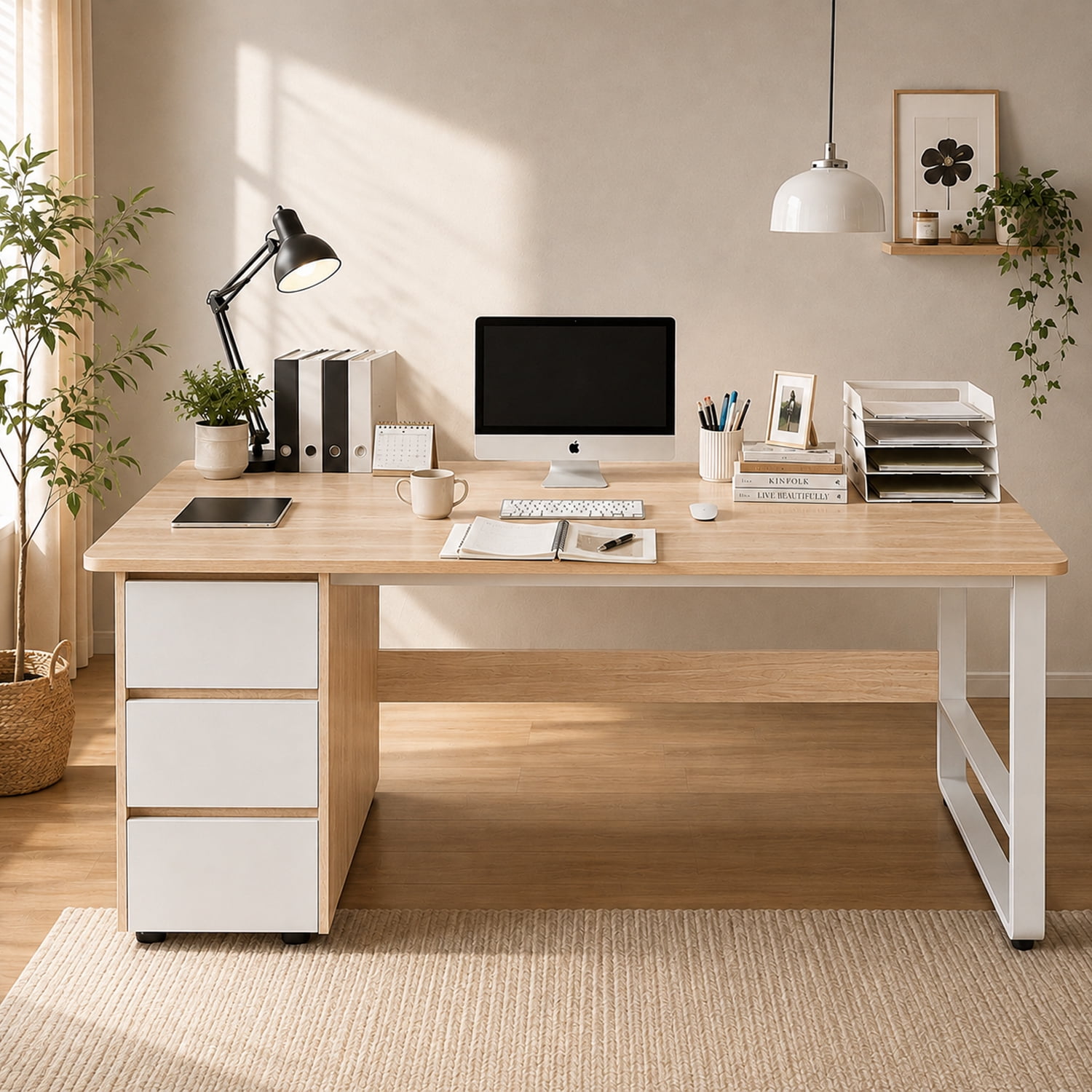 Escritorio para Computadora con 3 Cajones, Mesa de Oficina Minimalista con Patas Reforzadas y Amplio Espacio, Ideal para Estudio, Gaming y Trabajo