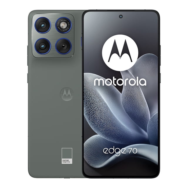 smartphone motorola edge 70 / 512 gb gris desbloqueado Vista frontal y trasera centrada del motorola edge 70 en gris; pantalla Super HD 6.7" con cámara frontal en orificio, módulo trasero de triple cámara (50 MP) con anillos azules y logo Motorola, carcasa ultradelgada texturizada y botón lateral azul; almacenamiento 512 GB y funciones moto AI para fotografía cotidiana, también adecuado para entretenimiento móvil.