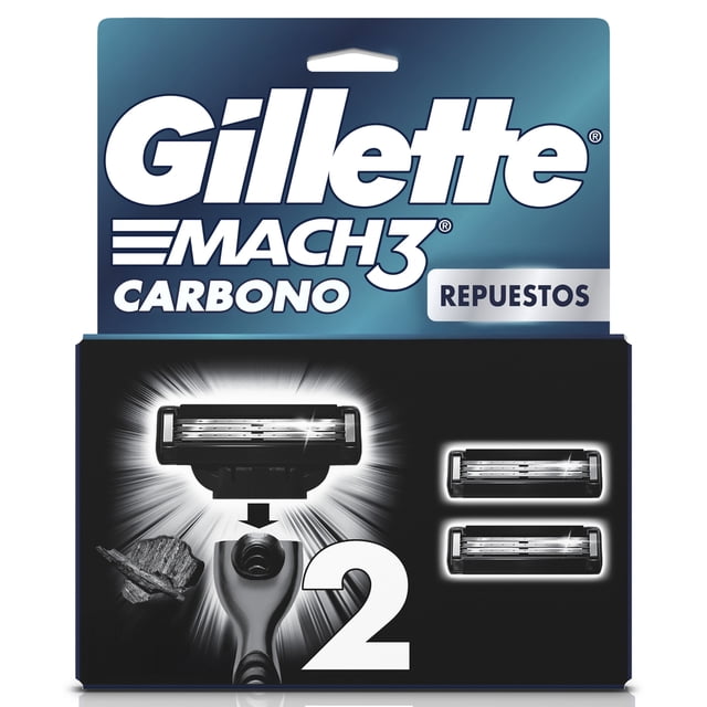 Cartucho de Rastrillo Gillette Mach3 Carbono con Carbón Activado y 3 Hojas, 2 pzas