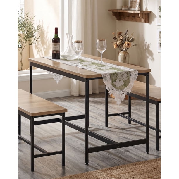 Juego de Comedor Moderno EKE Life Home Tipo Industrial con Mesa y 2 Bancas para Comedor, Cocina o Departamento