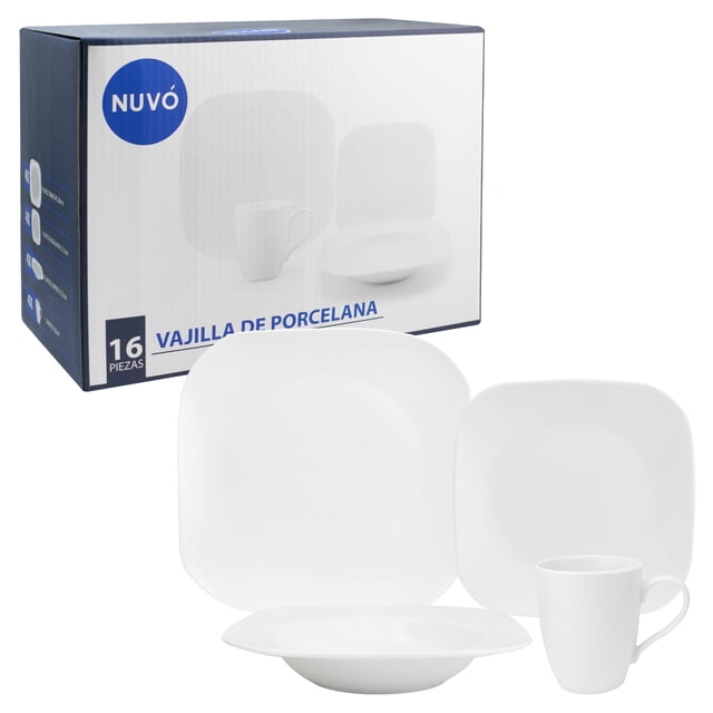 juego de vajilla ambient 21 porcelana blanca cuadrada 16 piezas para 4 personas con caja de regalo — Vista frontal del set cuadrado blanco con la caja de regalo al fondo; incluye 4 platos trinche 28 cm, 4 platos de 21.5 cm, 4 tazones soperos 23.5 cm y 4 tazas 330 ml; diseño minimalista, apto para microondas y lavavajillas; a menudo usado como regalo para bodas o inauguraciones.