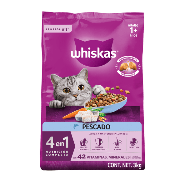 Alimento Seco para Gatos Adultos Whiskas® 4 en 1, 100% Nutrición Completa y Balanceada – Sabor Pescado 3kg