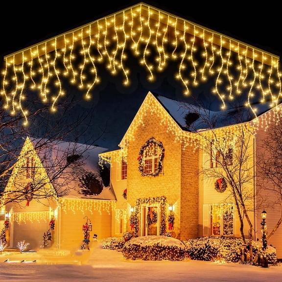 Xihbxyly Cortina de Luces Led de Carámbanos, Bombillas Led de Bajo Consumo, 8 Modos de Iluminación, Efecto Cascada Invernal, Decoración Navideña para Exteriores, Ambiente Festivo, Juego de 216 Luces