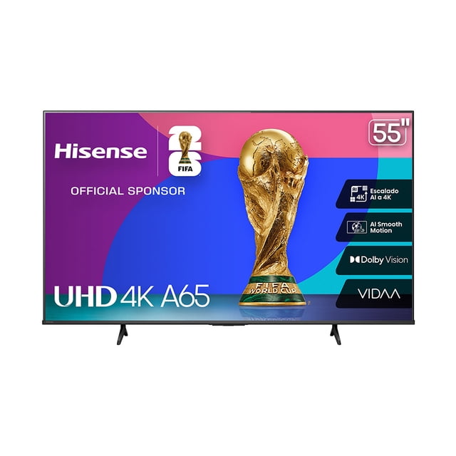 tv hisense 55 pulgadas 55a65nv 4k vidaa Televisor Hisense 55" A65NV color negro, vista frontal centrada con pantalla encendida mostrando gráfico promocional y trofeo; biseles delgados y peanas en V. Panel con etiquetas visibles: UHD 4K, Dolby Vision, escalado IA a 4K, AI Smooth Motion; menciona modo Game PLUS, 60Hz VRR y ALLM; a menudo usado como pantalla principal para cine en casa y juegos.