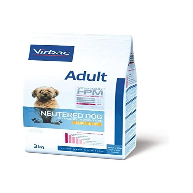 alimento para perro adulto neutered virbac small & toy Bolsa frontal 3 kg de Virbac HPM para perro adulto esterilizado de raza pequeña, empaque blanco y azul con texto "Adult" y "Neutered Dog", foto de perro pequeño, gráfico de nutrientes e indicación de control de peso.