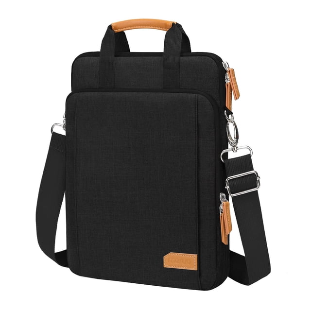 funda protectora para portátil mosiso 360 de 15,6 pulgadas para macbook pro negra. Vista frontal centrada de bolso vertical slim con asas cortas y correa bandolera ajustable; panel delantero elevado con cremallera y bolsillo vertical adicional, tiradores y detalle de agarradera en poliuretano color café y etiqueta MOSISO en la esquina inferior. Poliester acolchado con cremalleras dobles para acceso superior y borde interior reforzado 360 con forro polar para protección de laptop y tablet; apta también para llevar accesorios pequeños en viajes.