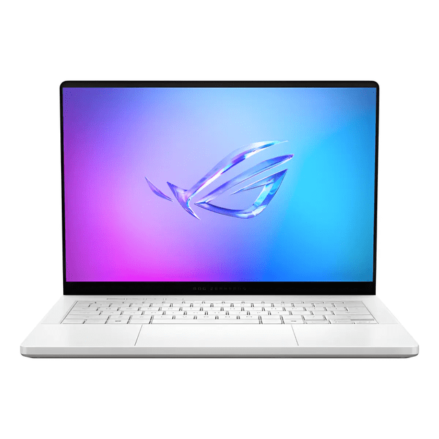 laptop asus rog zephyrus g14 14 pulgadas oled 3K 120Hz gaming amd ryzen 9 270 16GB LPDDR5X geforce rtx 5060 1TB SSD Platinum White, vista frontal abierta centrada; pantalla OLED 14 pulgadas con gradiente azul-morado y biseles delgados, teclado blanco retroiluminado, touchpad ancho y chasis de aluminio delgado y ligero.