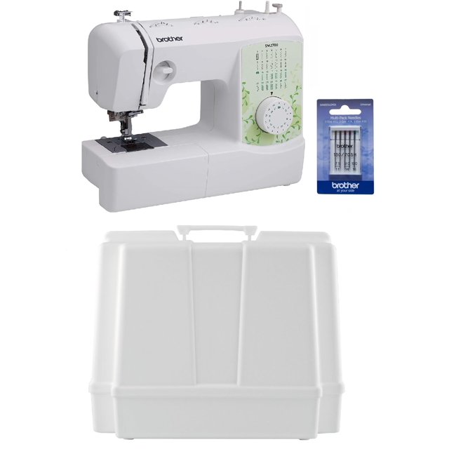 máquina de coser brother sm2700 de 27 puntadas con estuche de almacenamiento Vista 3/4 frontal de la Brother SM2700 en blanco con dial de selección de puntadas verde, placa de aguja y área de trabajo iluminada por LED; paquete de 5 agujas universales mostrado y estuche rígido de plástico blanco con asa. Suele usarse también para reparaciones rápidas y costura de prendas domésticas.