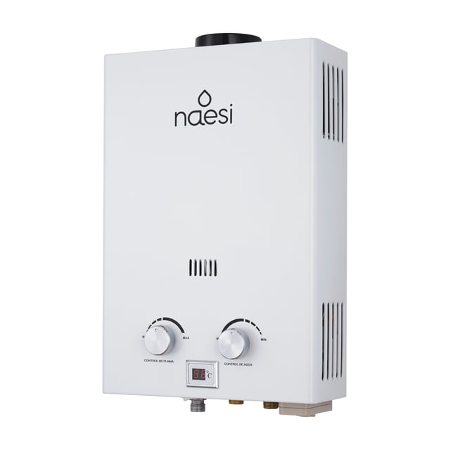 calentador de agua naesi 12 litros de paso an202gn dos regaderas gas natural vista frontal centrada de boiler blanco con logo Naesi arriba, dos perillas frontales para control de llama y control de agua, pantalla digital pequeña inferior y conexiones metálicas en la base; flujo nominal 12 L/min y capacidad en CDMX 8 L/min, apto para instalación mural; suele usarse también para suministro instantáneo de agua en regaderas y lavaderos.