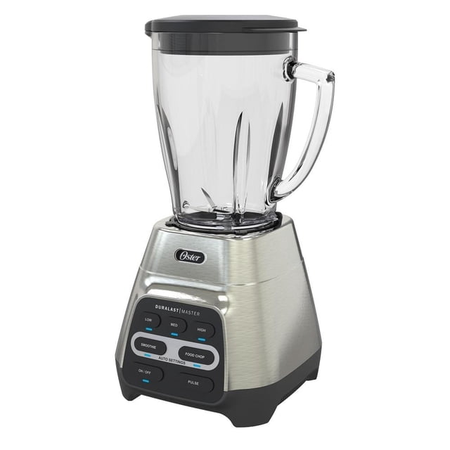 licuadora oster reversible vaso de vidrio 1.5 l con 600 watts de potencia y funciones preprogramas gris Oster: vista frontal 3/4 de base metal cepillado gris con panel frontal negro y botones, jarra de vidrio transparente de 1.5 l con tapa gris y asa; motor reversible 600 W, cuchilla de 6 aspas según especificaciones, dos programas automáticos y múltiples velocidades, ideal para jugos, smoothies y usar como procesador de alimentos pequeño.