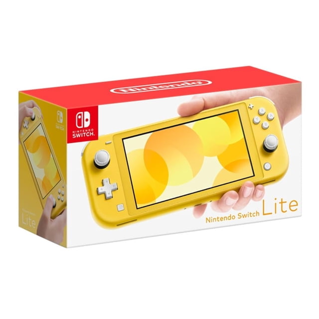 consola nintendo switch lite amarilla en su caja, vista frontal de la consola portátil unibody amarilla con sticks analógicos, cruceta y botones frontales blancos, pantalla encendida con gráficos circulares y caja blanca y roja con logo Nintendo; optimizada para juego portátil y uso personal, también ideal para jugar en viaje.