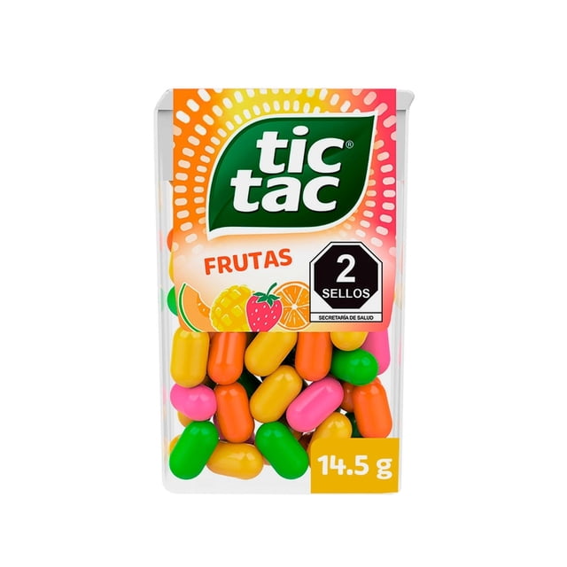 pastillas tic tac frutas 14.5 g paquete frontal con logo Tic Tac; caja transparente muestra pastillas ovaladas amarillo, naranja, rosa y verde, texto FRUTAS, sello "2 sellos" y peso 14.5 g, ideal como snack para compartir.