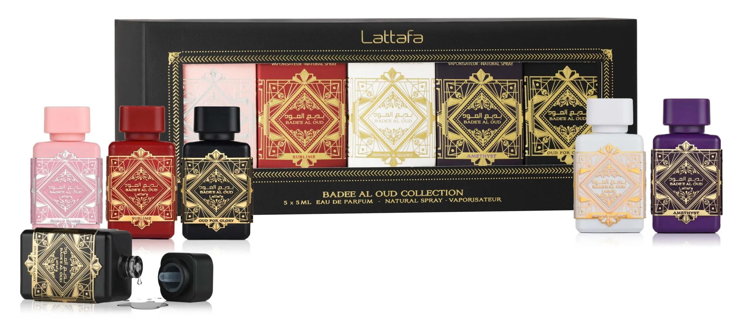 SET MINI LATTAFA BADE'E AL OUD 5PZS GLORY 5ML EDP/ AMETHYS 5ML EDP/ HONOR & GLORY 5ML EDP/ SUBLIME 5ML EDP/ NOBLE BLUSH 5ML EDP