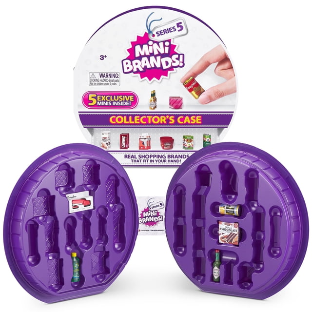 estuche de coleccionista mini brands series 5 zuru con 5 minis exclusivos, funda morada tipo vitrina para coleccionables; vista frontal abierta en tres piezas con tapa con etiqueta Series 5 y dos paneles moldeados con ranuras para almacenar hasta 30 minimarcas; el empaque indica que incluye 5 minis exclusivos para completar colecciones.