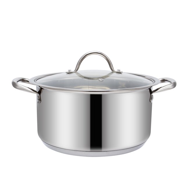 olla con tapa fraciel 26 cm 6l inducción acero inoxidable olla gris de 26 cm de acero inoxidable, vista frontal centrada con tapa de vidrio y asas arqueadas; capacidad 6 L, interior graduado en litros, triple fondo y apta para todo tipo de estufas incluida inducción; también suele usarse para cocinar grandes porciones de sopa o pasta.