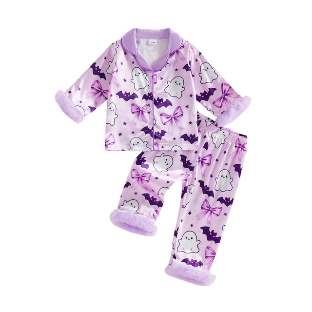 Pijama de Halloween para niñas, conjunto de dos piezas para bebés, camisa de manga larga con botones y pantalones elásticos.