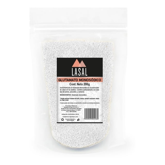 glutamato monosódico 200 gramos pouch resellable Bolsa resellable frontal de 200 g de glutamato monosódico Lasal con etiqueta negra y naranja que indica 'GLUTAMATO MONOSÓDICO Cont. Neto 200g', fondo translúcido que muestra cristales blancos del polvo, cierre zip superior y código de barras; uso común en cocina doméstica para realzar sabores.