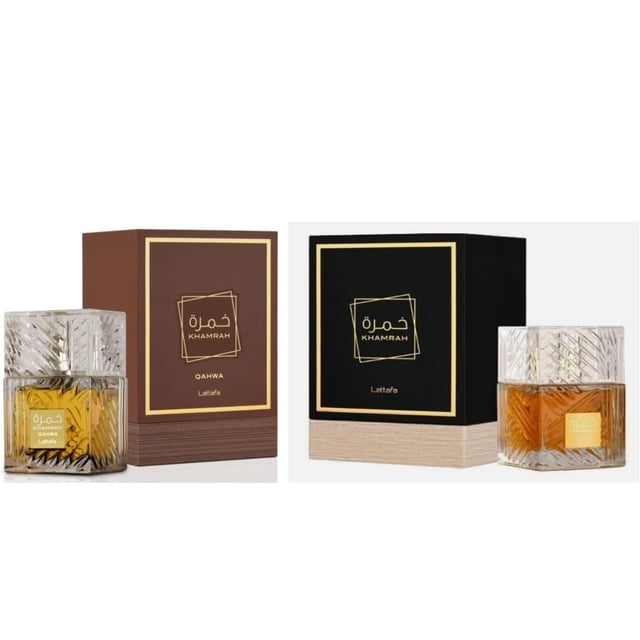 perfume lattafa khamrah & khamrah qahwa, perfume, 100 ml set unisex EDP: vista frontal de dos frascos facetados de vidrio con líquido ámbar y etiquetas doradas; caja marrón con marco dorado identificada como Khamrah Qahwa y caja negra con base beige y marco dorado identificada como Khamrah; notas aromáticas señaladas en el empaque incluyen canela, dátiles, praliné, café y caramelo; opción común para regalo o uso diario.