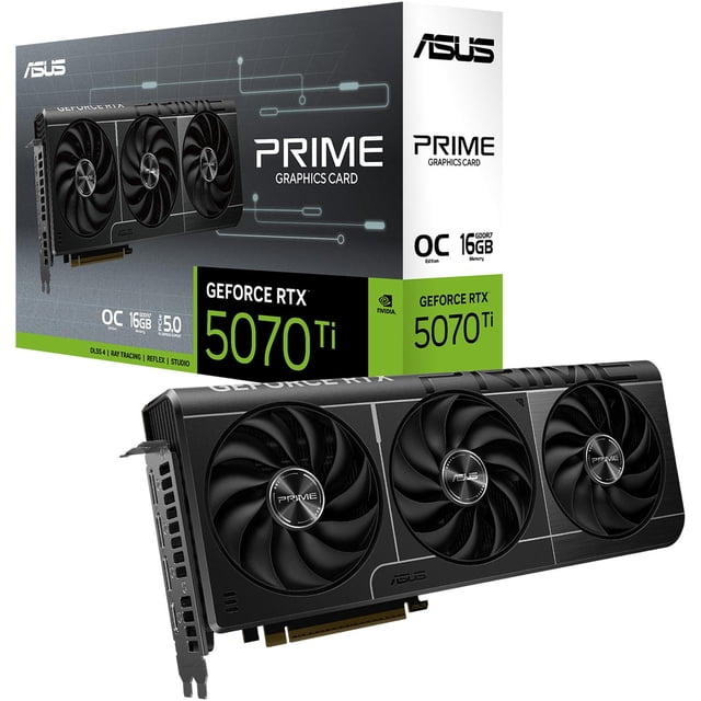 tarjeta de video asus prime geforce rtx 5070 ti oc edition 16gb gddr7 Vista 3/4 frontal de la tarjeta negra SFF-Ready con disipador de 2.5 ranuras y triple ventilador Axial-tech, con conector PCIe y puertos 1x HDMI 2.1b y 3x DisplayPort 2.1b; memoria 16GB GDDR7 indicada en la caja; suele usarse también en estaciones de trabajo compactas.