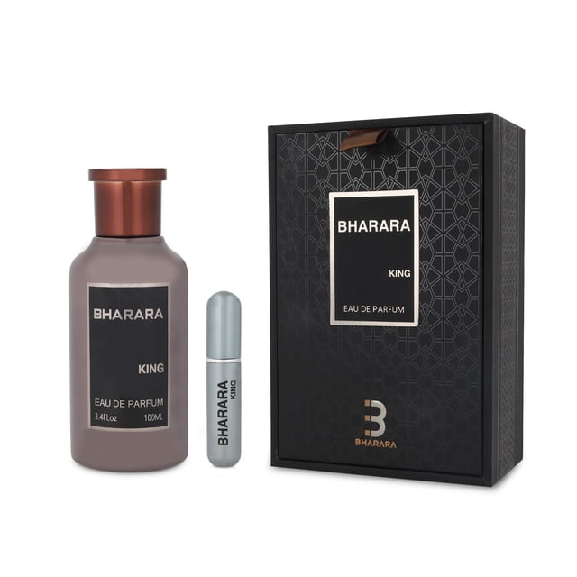 bharara king 100ml edp spray bharara h616 fragancia masculina en botella transparente 100 ml con etiqueta negra y tapón cobre, incluye atomizador de bolsillo plateado y caja de regalo negra con patrón geométrico y logotipo Bharara; notas cítricas y afrutadas con fondo de vainilla, almizcle blanco y ámbar, apta para viaje por su atomizador compacto.