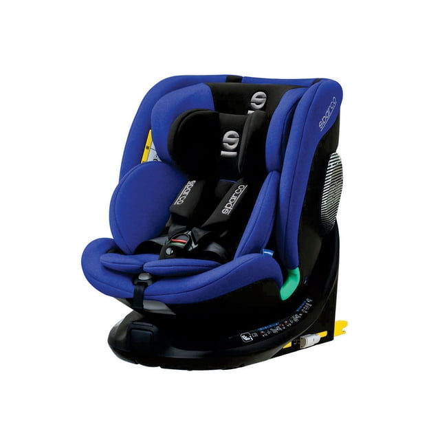 sparco silla de auto sk7000i rapid infantil rotación 360° con isofix — silla infantil azul con base negra en vista 3/4 frontal; respaldo reclinable, cabezal ajustable en múltiples posiciones, arnés de 5 puntos, protección lateral reforzada con espuma EPP, base con conectores Isofix y pata de apoyo visible; adecuada para viajes largos con niños pequeños.