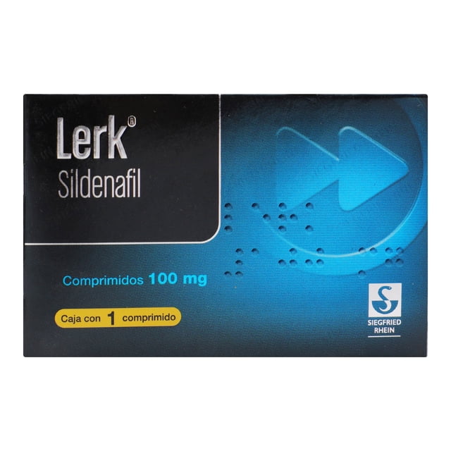 lerk 100 mg 1 cpr medicamento recetado Lerk Sildenafil, caja frontal centrada en negro y azul con texto "Comprimidos 100 mg" y etiqueta amarilla "Caja con 1 comprimido", logotipo de Siegfried Rhein en esquina inferior derecha, fondo blanco.