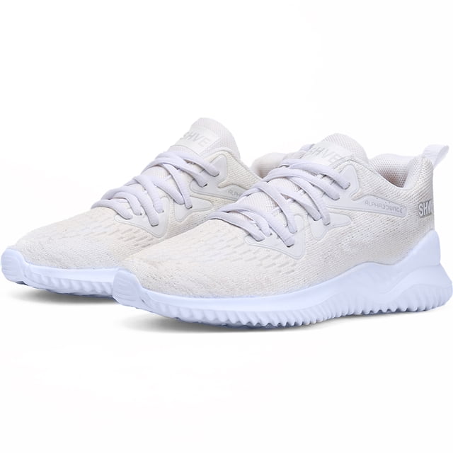 tenis mujer, zapatos mujer deportivos, zapatos de malla transpirable para mujer, zapatillas de deporte casuales de moda para entrenamiento caminar correr gimnasio Blanco Shendy Vendy: 3/4 frontal de par de tenis blancos de malla transpirable con cordones; suela blanca ondulada de tracción duradera y talón con lengüeta. Diseño liviano y moderno, apto para entrenamiento, caminar y uso diario; suela antideslizante ofrece tracción visible.