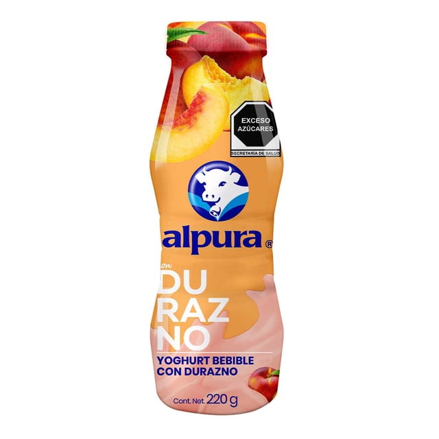 yoghurt bebible alpura durazno 220 g botella frontal en envase plástico, bebida láctea sabor durazno con logo Alpura azul, imagen de durazno y sello 'Exceso Azúcares', etiqueta naranja y rosa; refrigerar a 4°C máximo; apta como snack o para refrescarse.