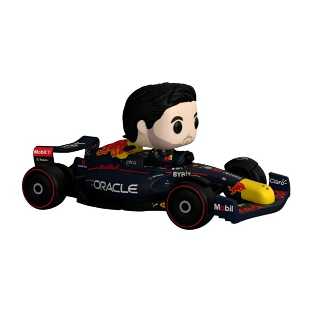 figura coleccionable funko pop ride super deluxe: formula 1 - sergio checo perez, vista 3/4 frontal de la figura sentada en su coche Red Bull; silueta Funko estilizada con cabello visible y sin visor, carrocería multicolor con logos como Oracle y Mobil, empaque en caja con ventana, altura aproximada 12.5 cm; también suele usarse como pieza de exhibición temática en vitrinas de coleccionistas.